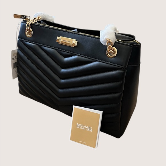 MICHAEL Michael Kors Whitney Black Quilted Gold Chain-Handle Shoulder Tote - Picture 10 of 15